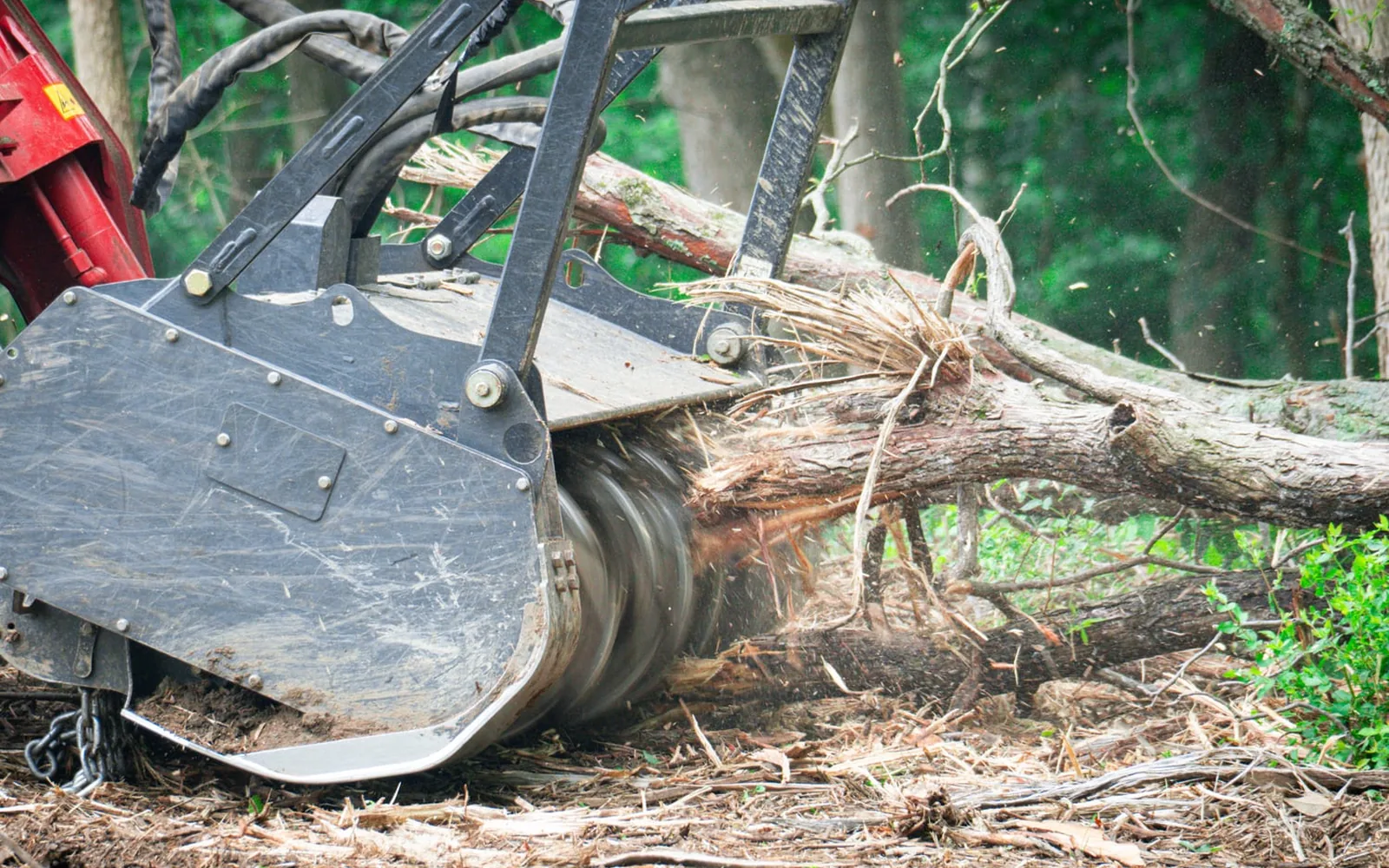 Takeuchi track loader with a Fecon mulching head grinding brush in place