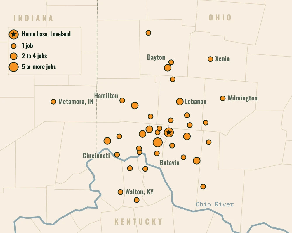 Map of the ZIP codes Brushworks has worked in since mid-September, clustered around Loveland and Cincinnati and reaching to Dayton, Wilmington, Metamora, Indiana and Walton, Kentucky