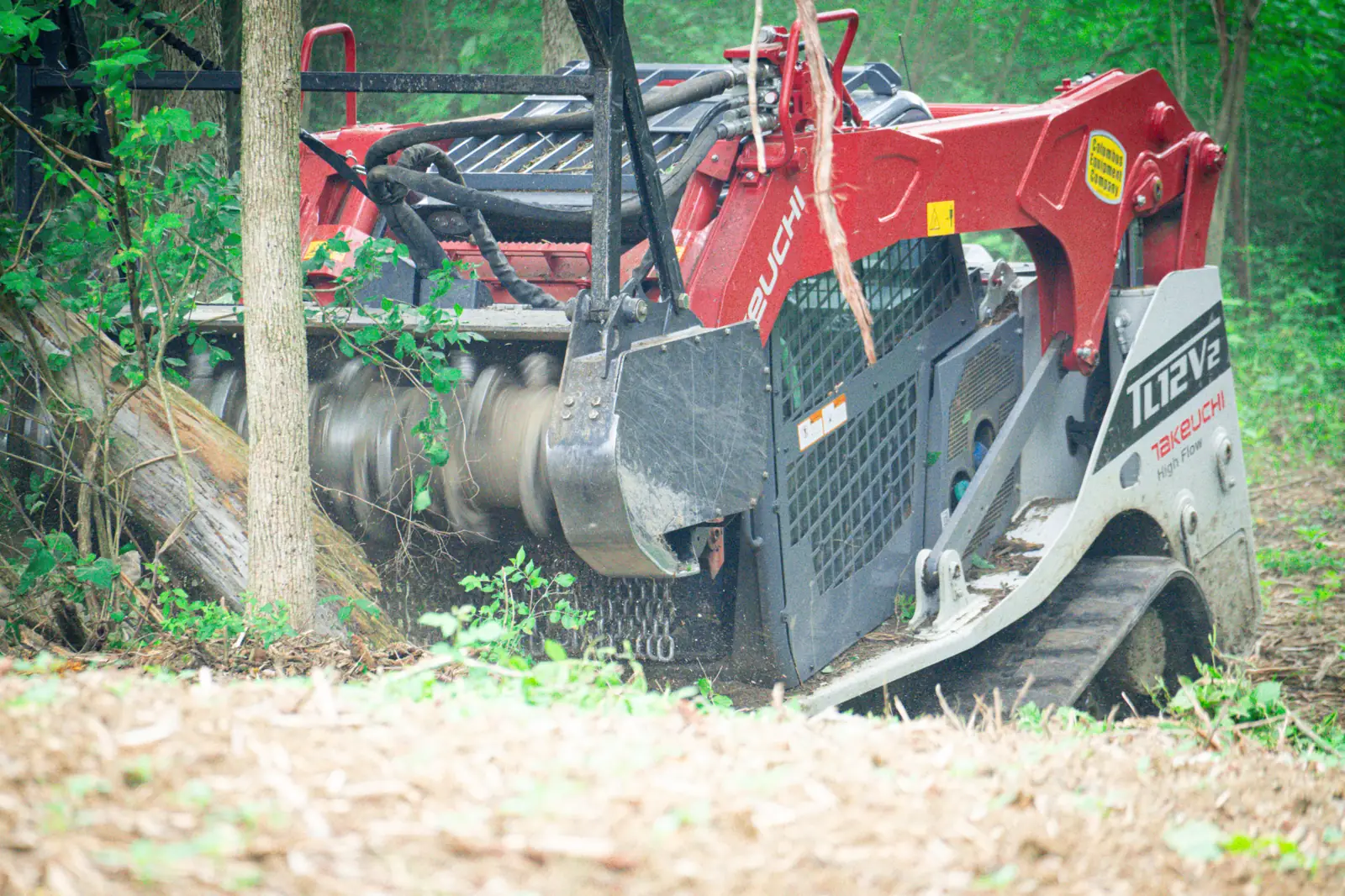 Fecon mulching head grinding dense honeysuckle and brush in place