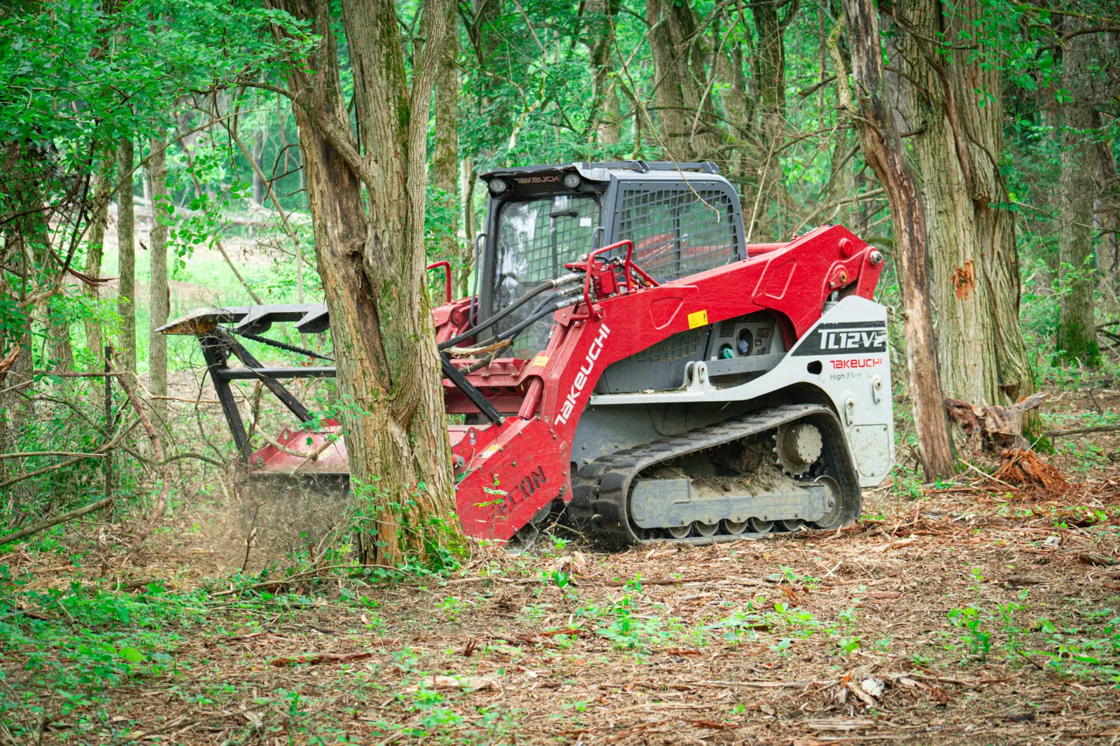Takeuchi track loader with a mulching head on a cleared wooded floor