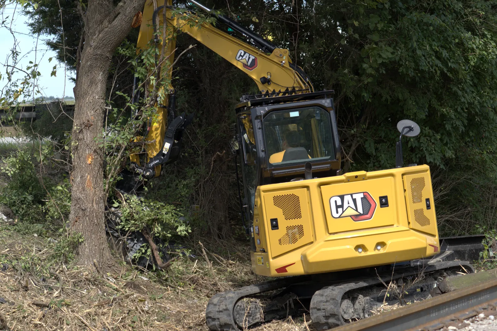 Excavator mulcher boom reaching into a tree line from the edge of a cleared corridor