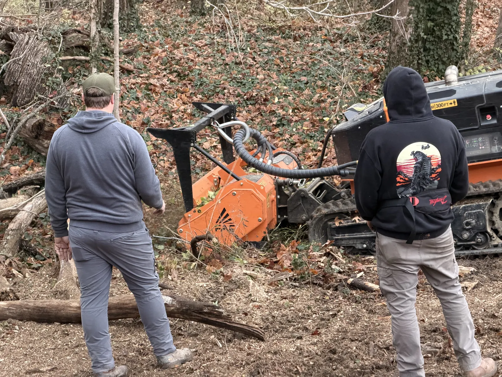 Two Brushworks crew members reviewing a wooded slope and planning the route