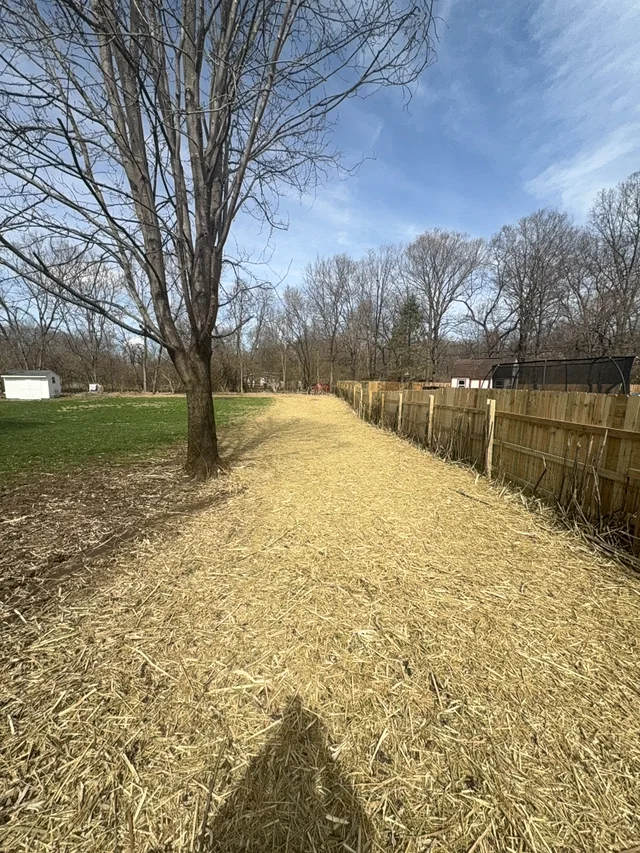 Open mulched strip along a wooden fence at the same Hamilton property