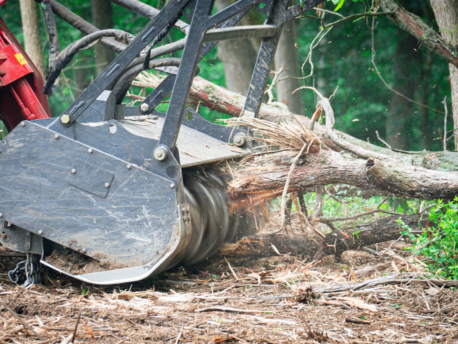 Real Fecon mulching head processing woody debris on a jobsite path